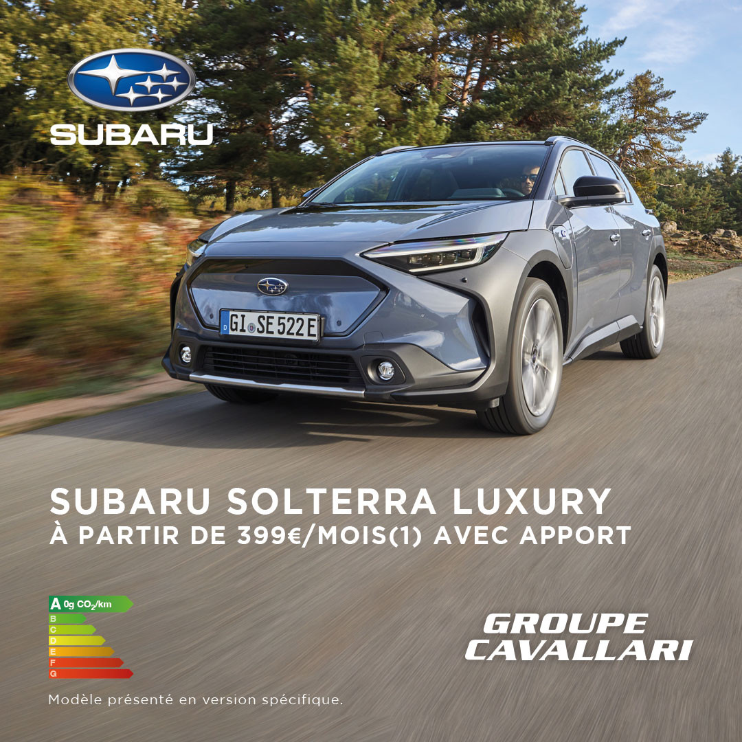 Découvrez le nouveau Subaru SOLTERRA Luxury, le premier SUV 100% électrique par Subaru disponible à partir de 399€/mois(1), avec apport.